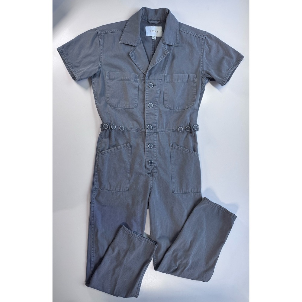 PISTOLA Grover Jumpsuit Short Sleeve Cotton Canvas Womens XSmall‎ Blue Pockets